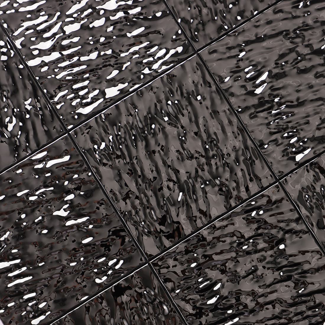 Black glossy textured square metal mosaic tile with raised surface detail