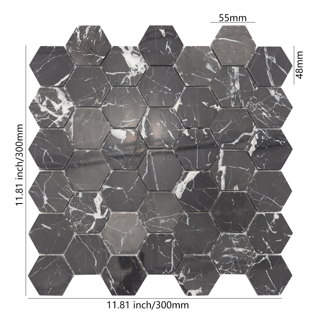 Black hexagon marble mosaic tile with white veining and 11.81 inch sheet size