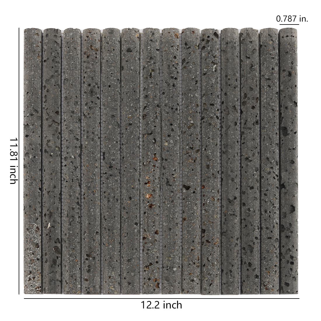 Black 3D raised lava stone strip mosaic tile sheet with size details