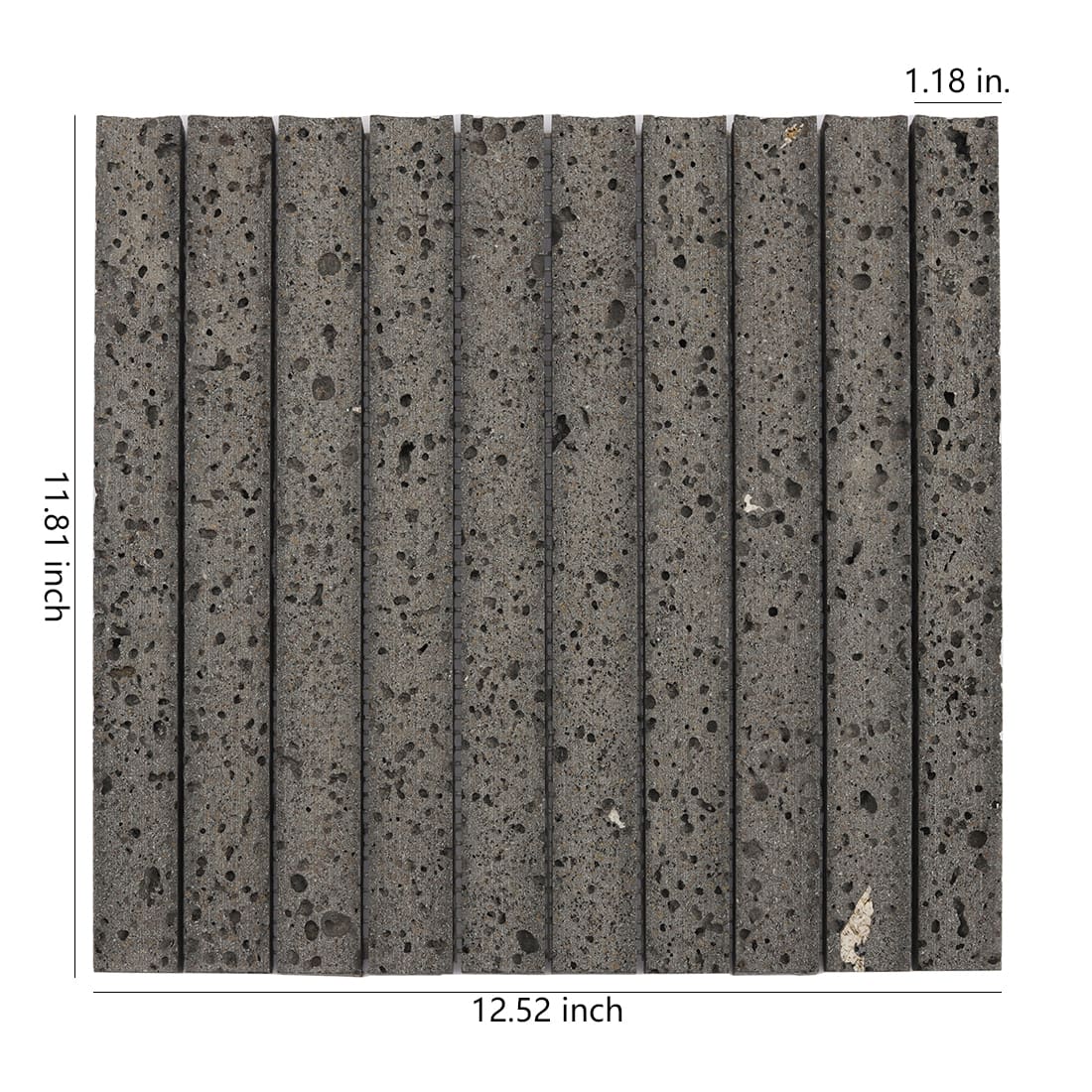 Black lava stone fluted mosaic tile sheet with size details