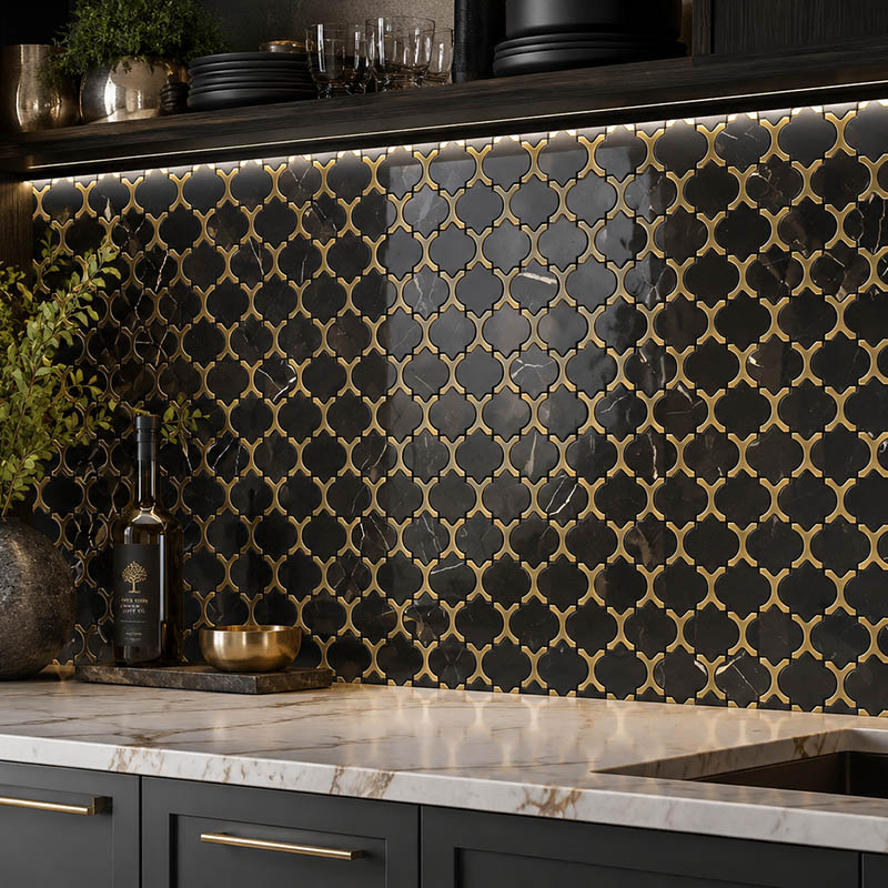 Black marble and gold lantern backsplash tile on a modern kitchen wall