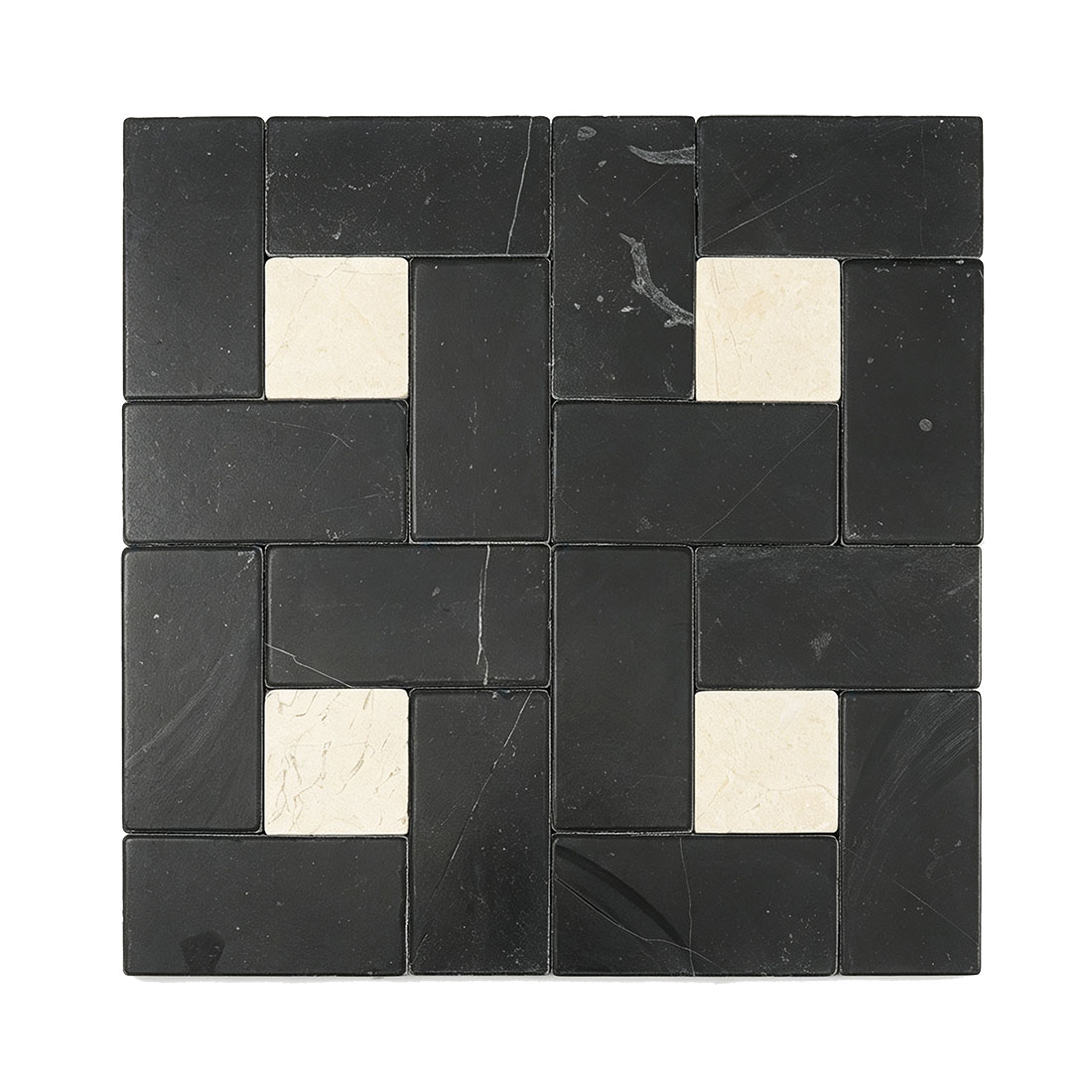 Black marble pinwheel mosaic tile sheet with beige accents front view