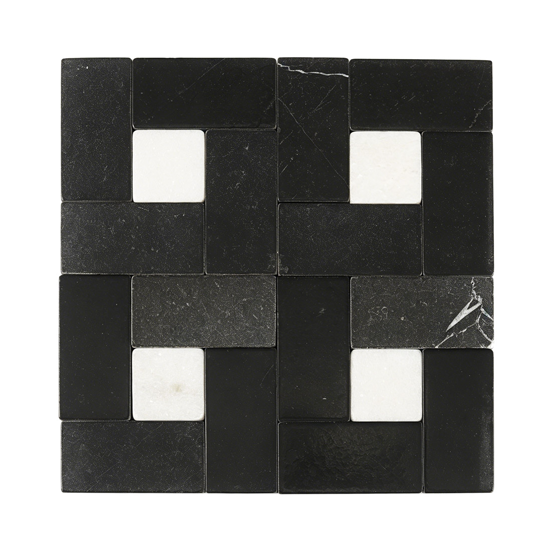 Black marble pinwheel mosaic tile sheet with white accents front view
