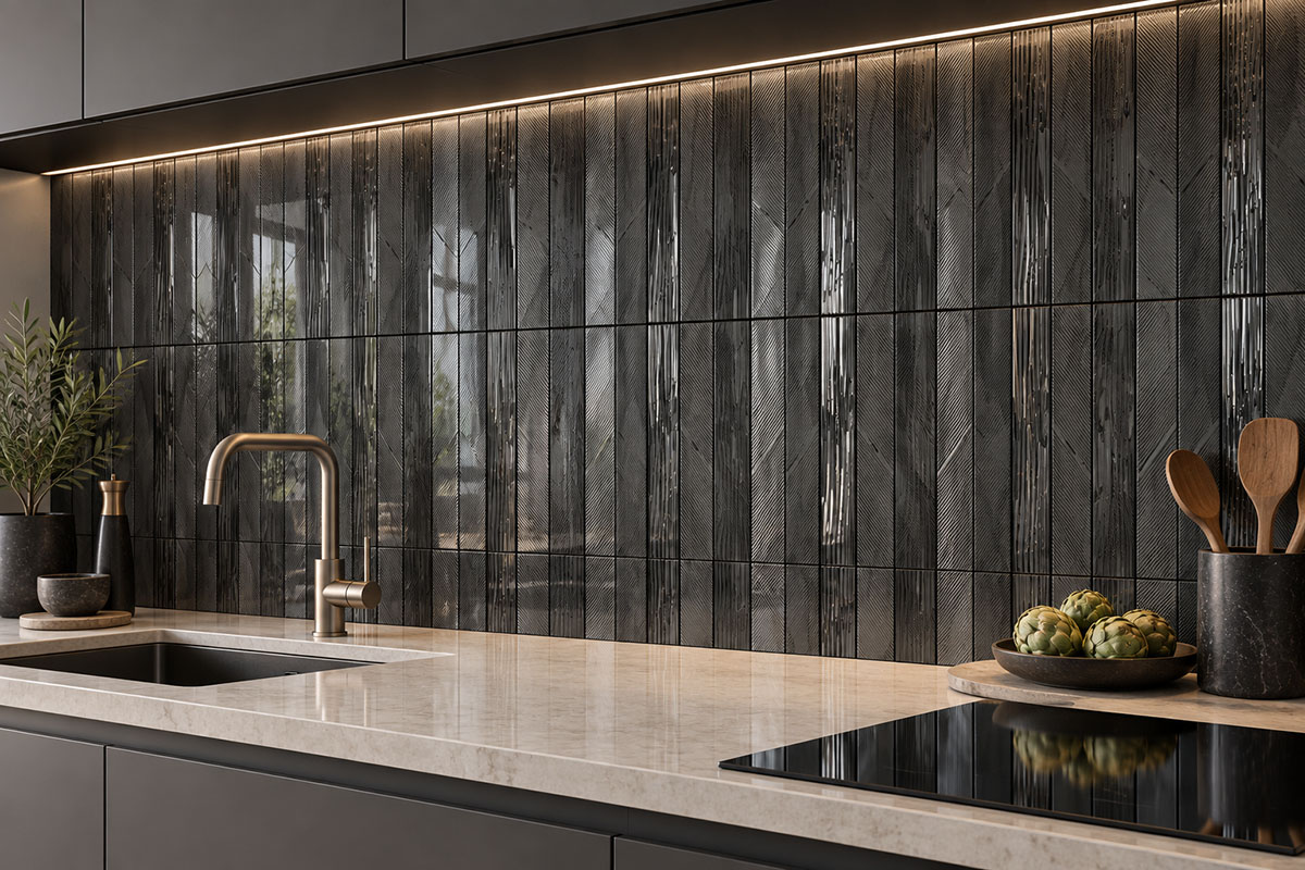 Black metallic mosaic tile backsplash in a modern kitchen