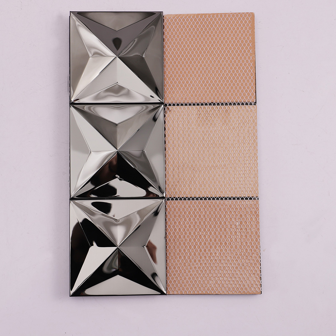 Back view of black mirror 3D square stainless steel mosaic tile sheet