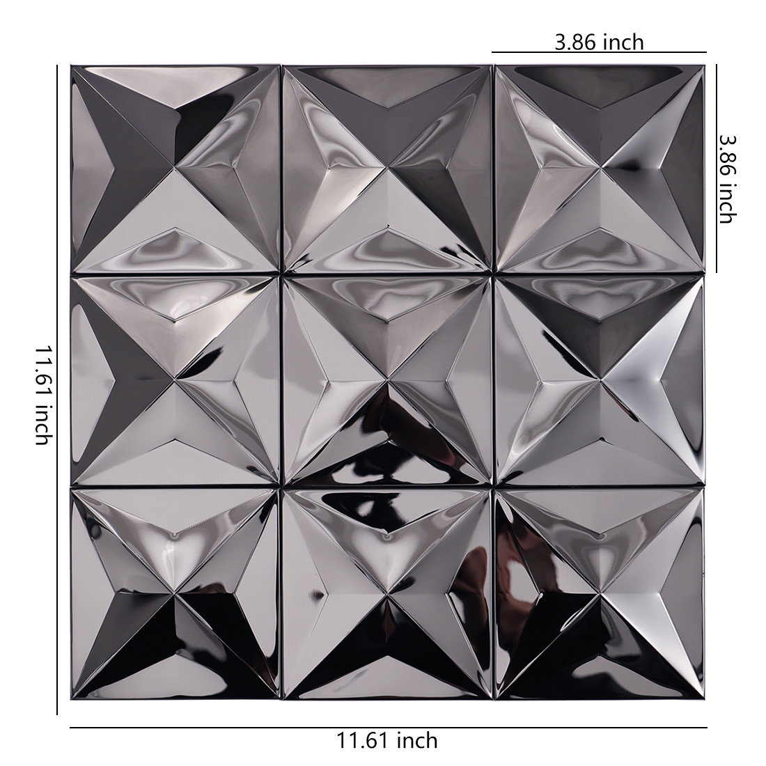 Black mirror 3D square stainless steel mosaic tile sheet with size details