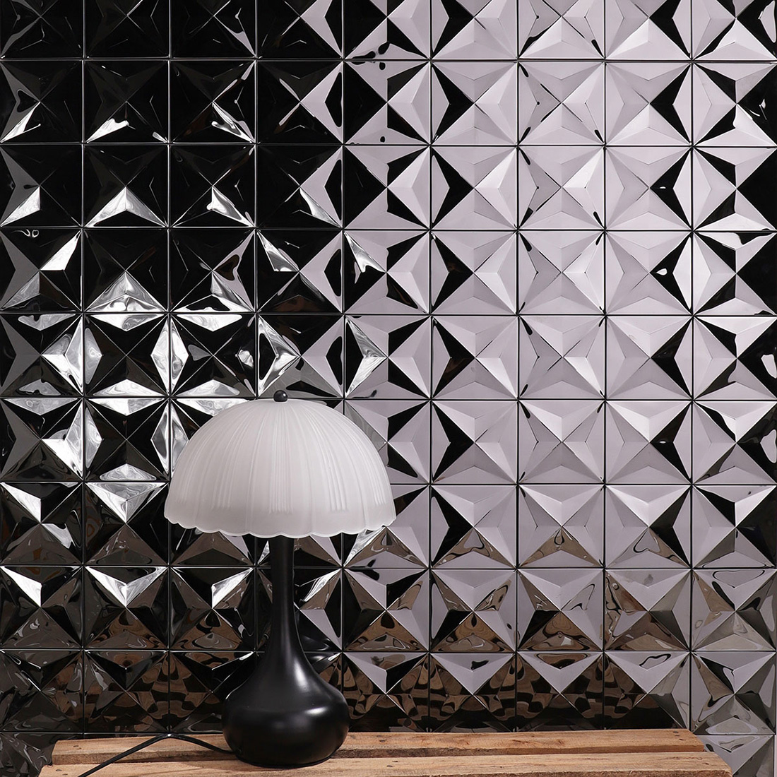 Black mirror 3D square stainless steel mosaic wall with lamp styling