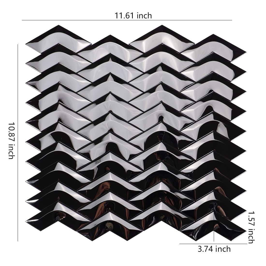 Black mirror chevron metal mosaic tile sheet with size details