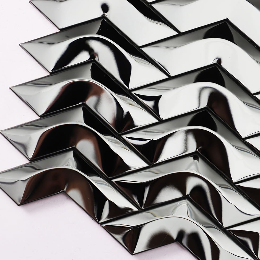 Back view of black mirror chevron stainless steel mosaic tile sheet