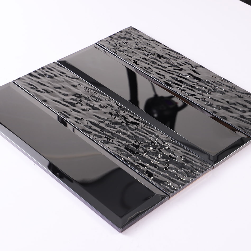 Angled view of black mixed finish metal mosaic sheet