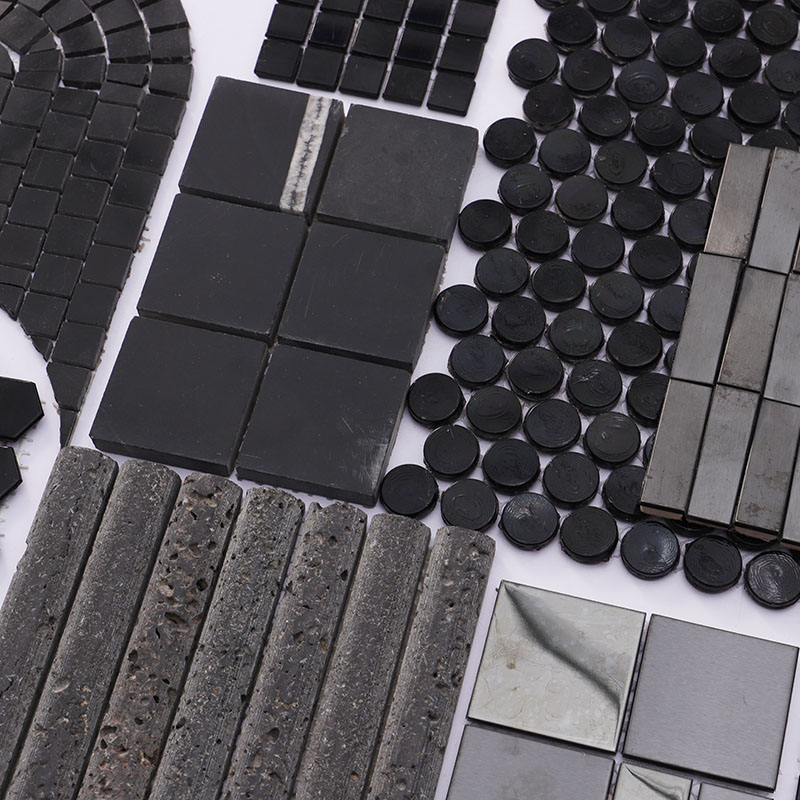 Black mosaic tile samples with square, penny round, and linear patterns on white