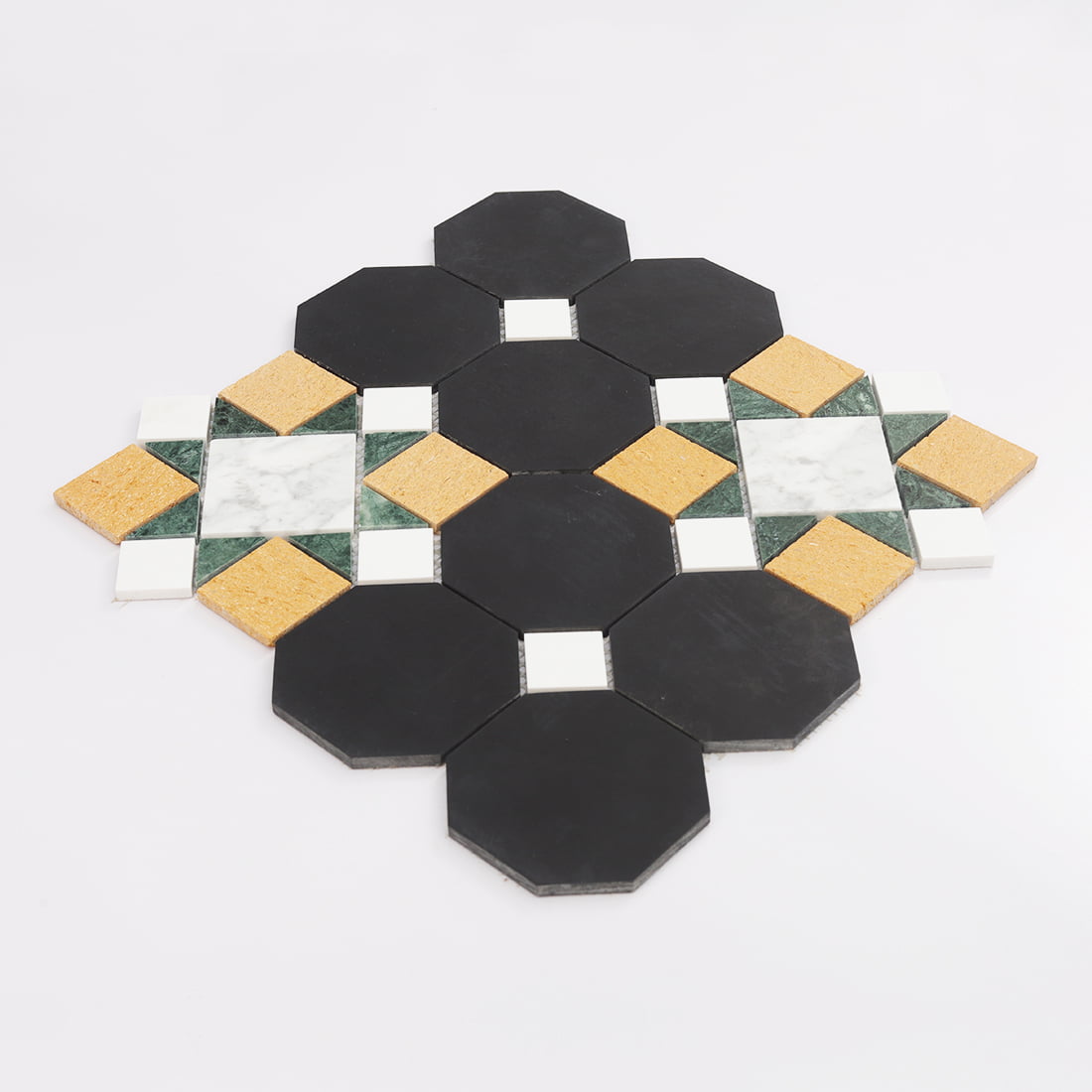 Single geometric marble mosaic pattern with black octagons and accent pieces