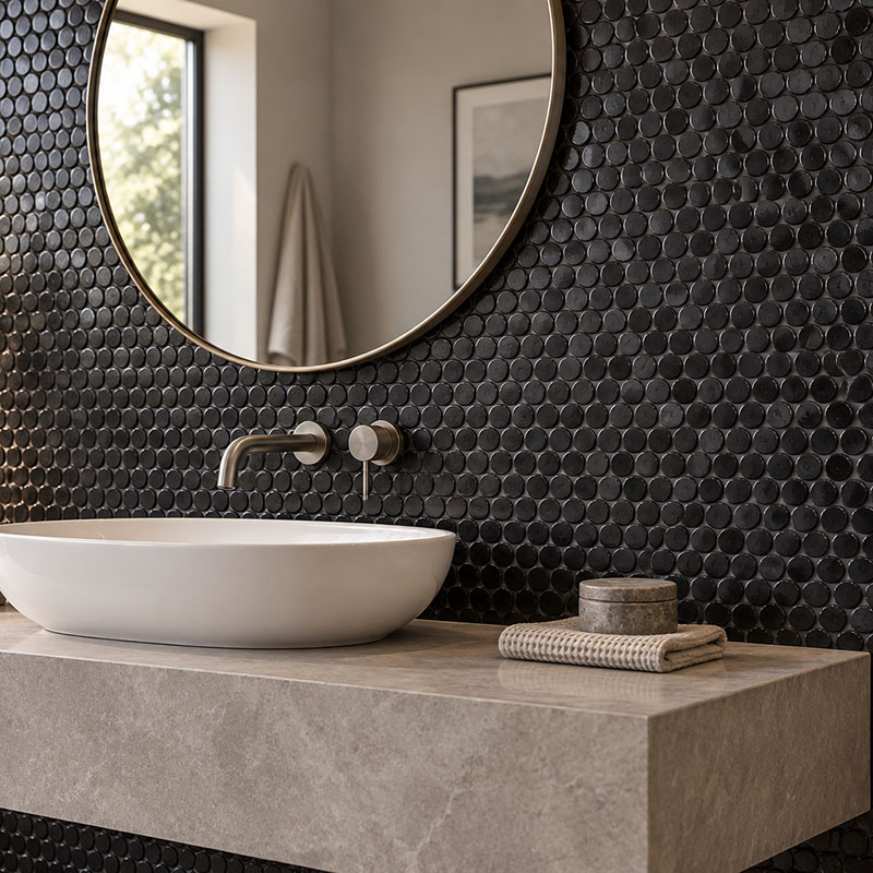 Close-up of black penny round mosaic tile behind a bathroom sink