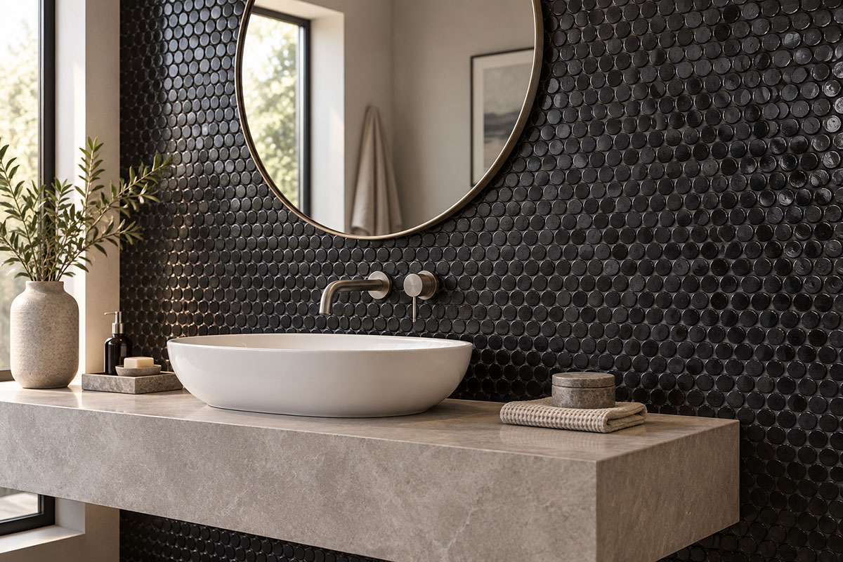 Black penny round mosaic tiles on a modern bathroom vanity wall