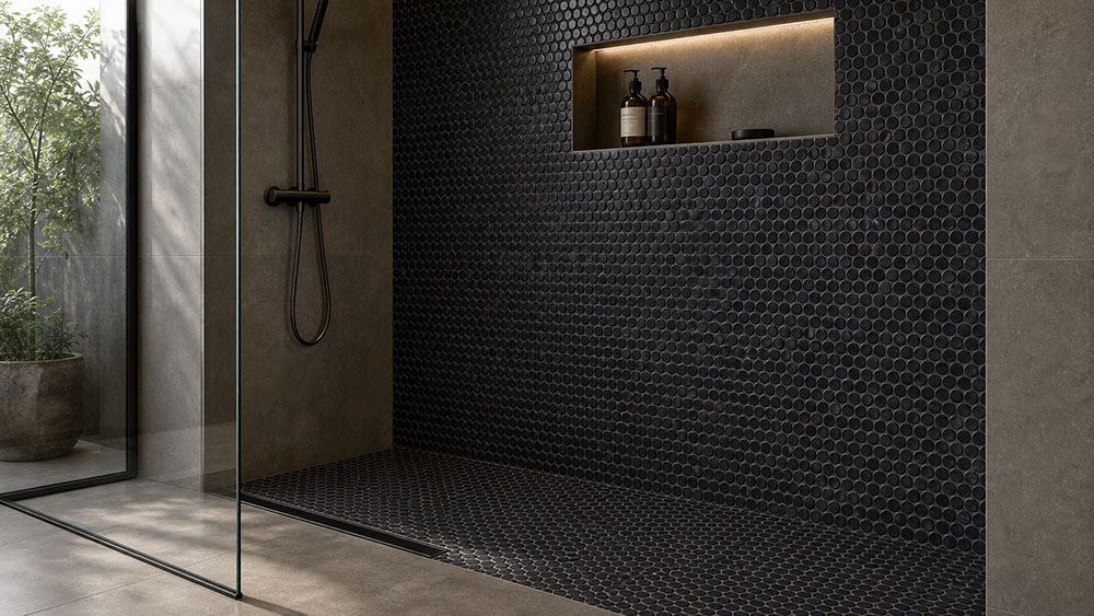 Dark penny round mosaic tile shower with black fixtures and recessed niche