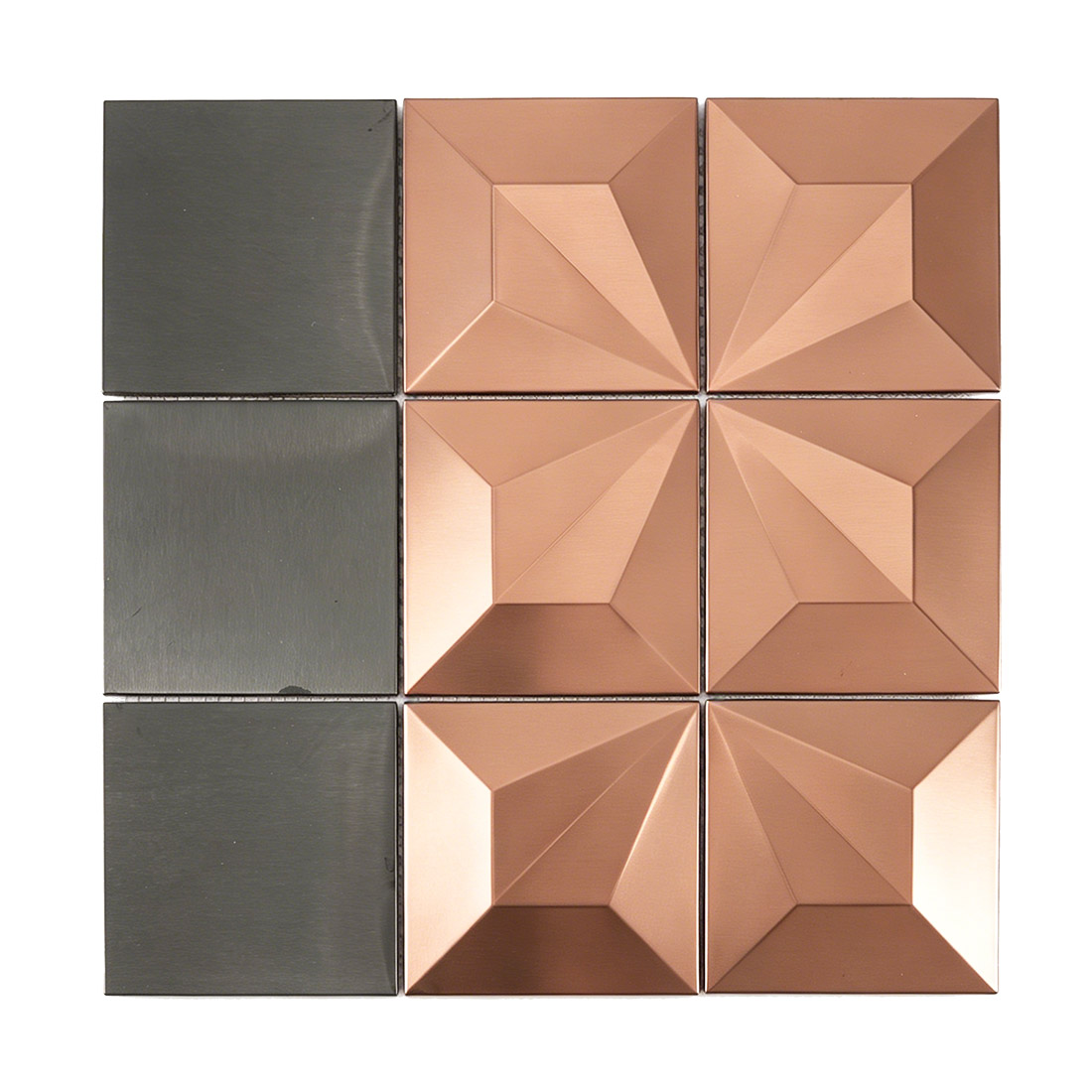 Black and rose gold stainless steel square mosaic with raised pyramid tiles