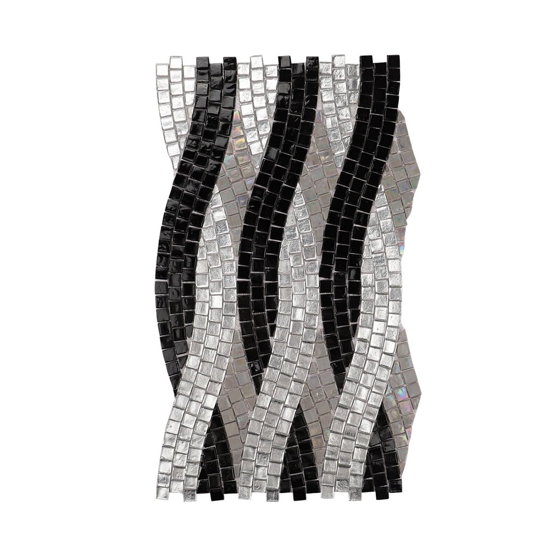 Black and silver glass mosaic tile with elegant wavy geometric pattern.