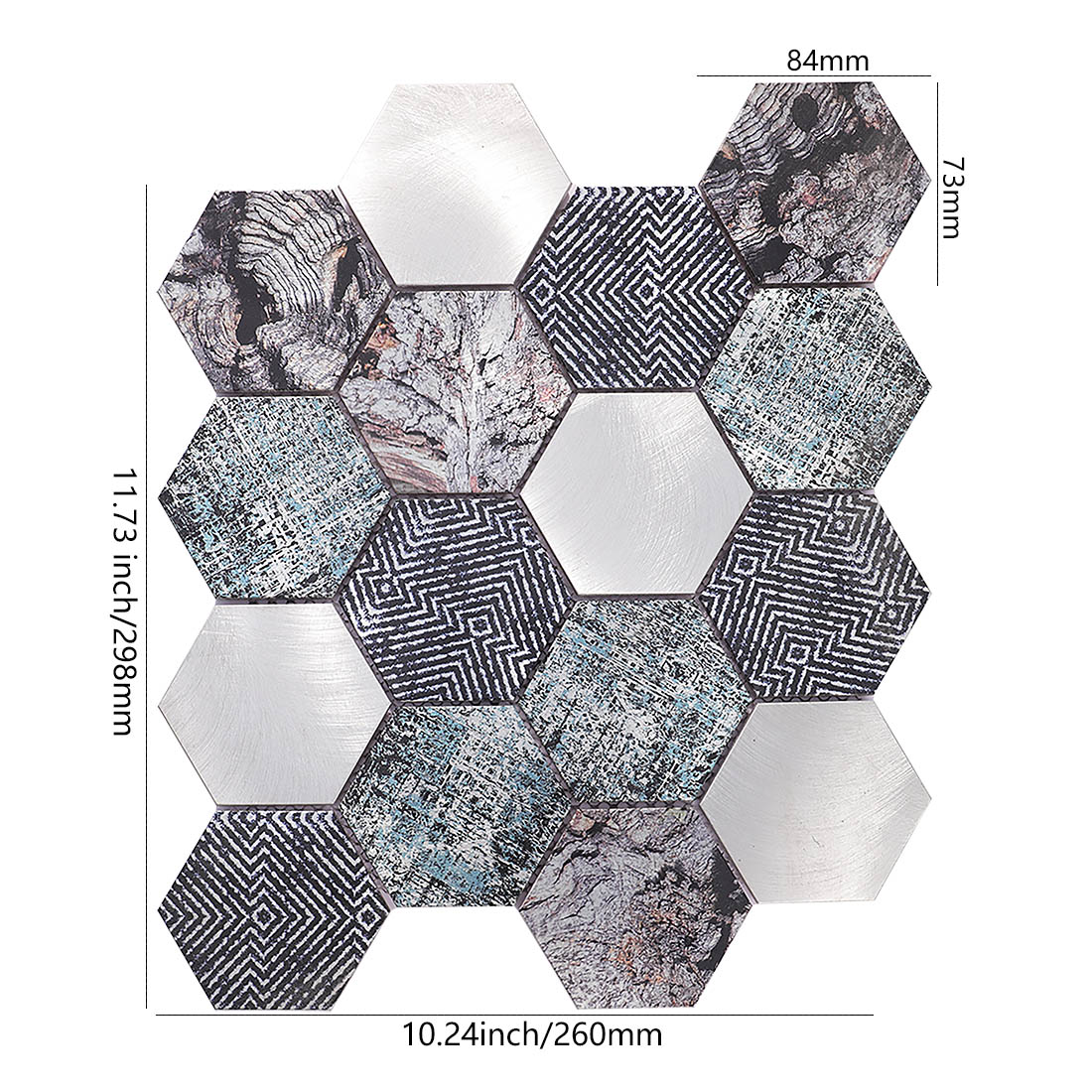 Black and silver mixed pattern hexagon aluminum mosaic sheet dimensions