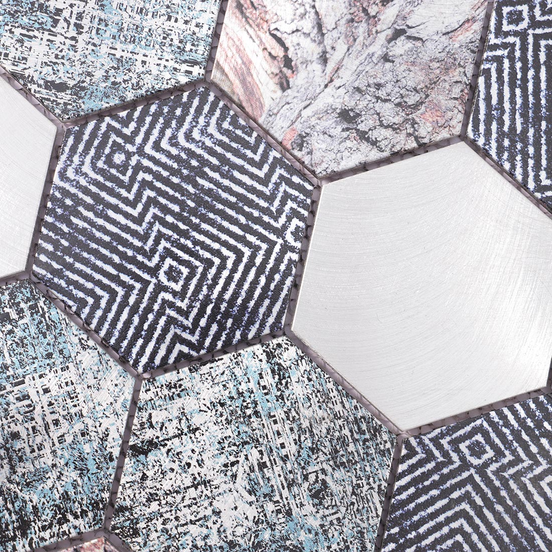 High angle view of black and silver patterned hexagon aluminum tile surface