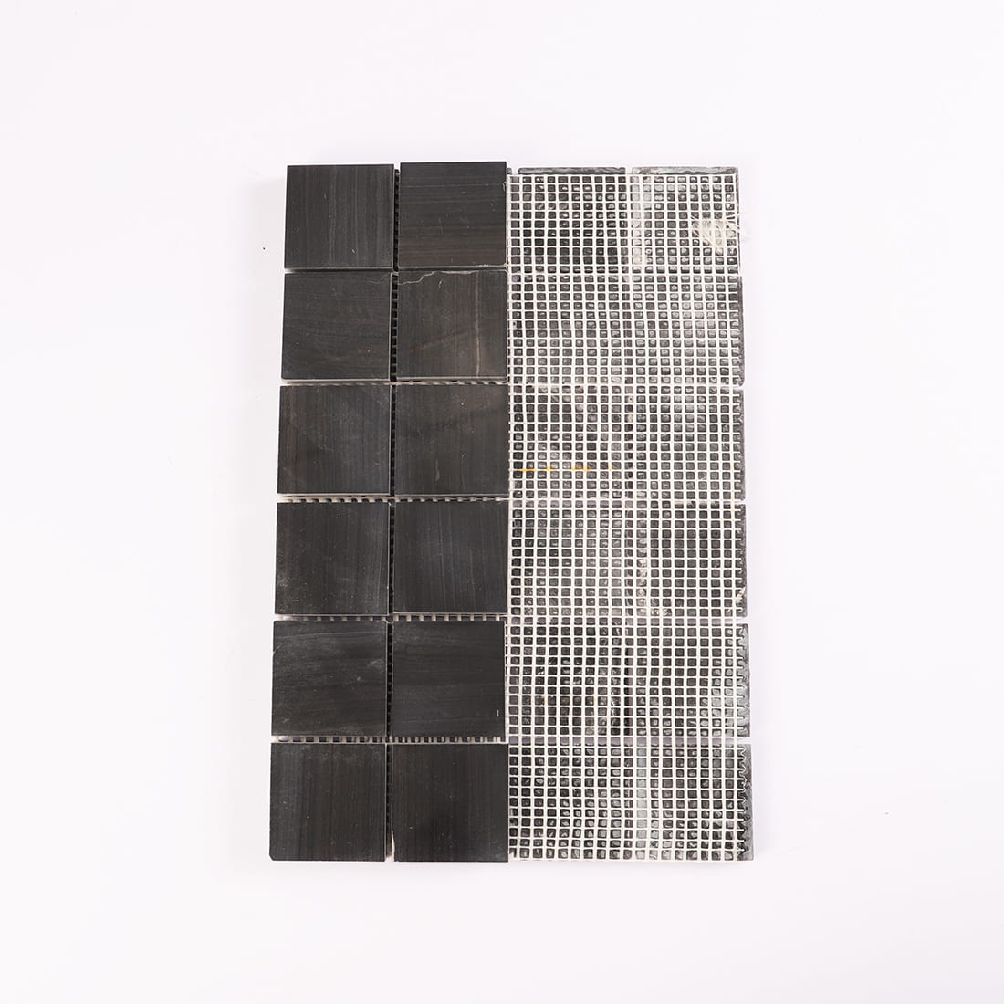 Back mesh view of black square marble mosaic tile sheet