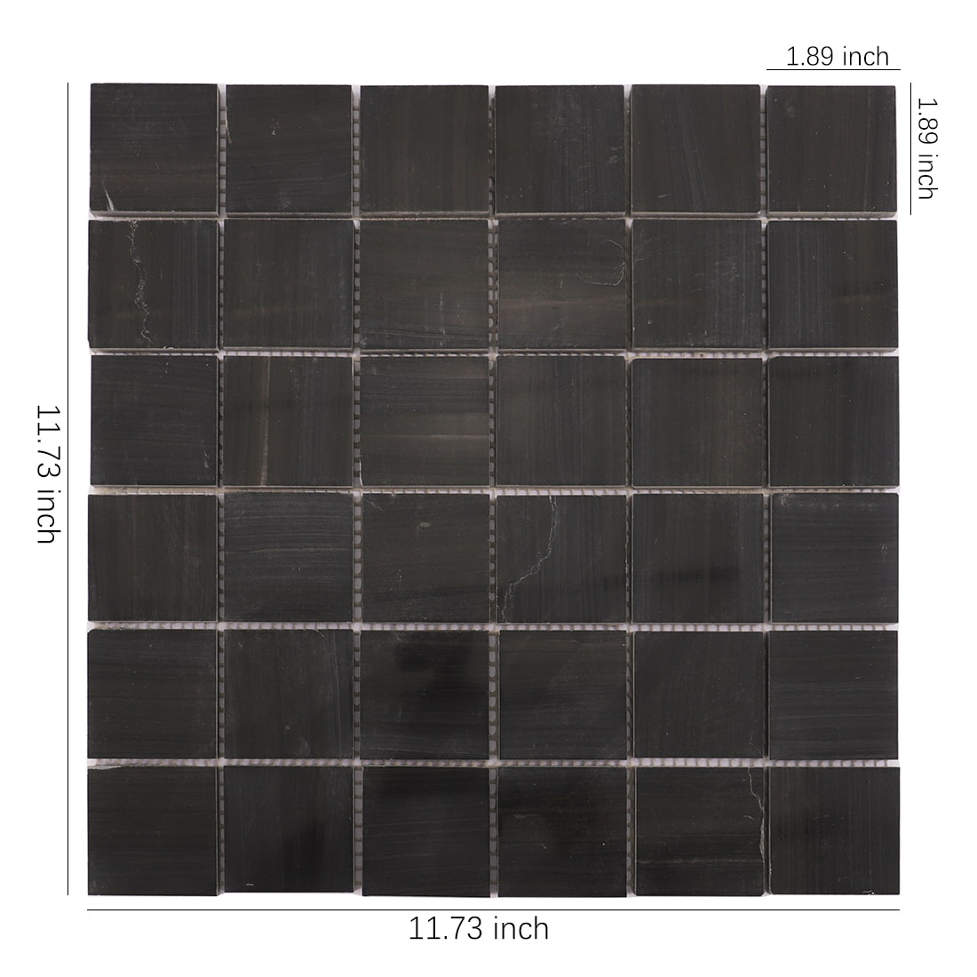 Black square marble mosaic tile sheet with size details