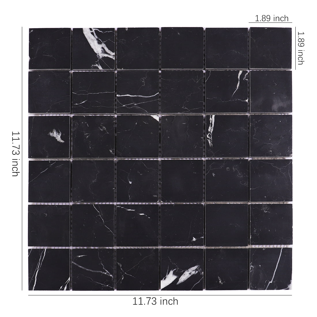 Black square marble mosaic tile sheet with white veining and size markings