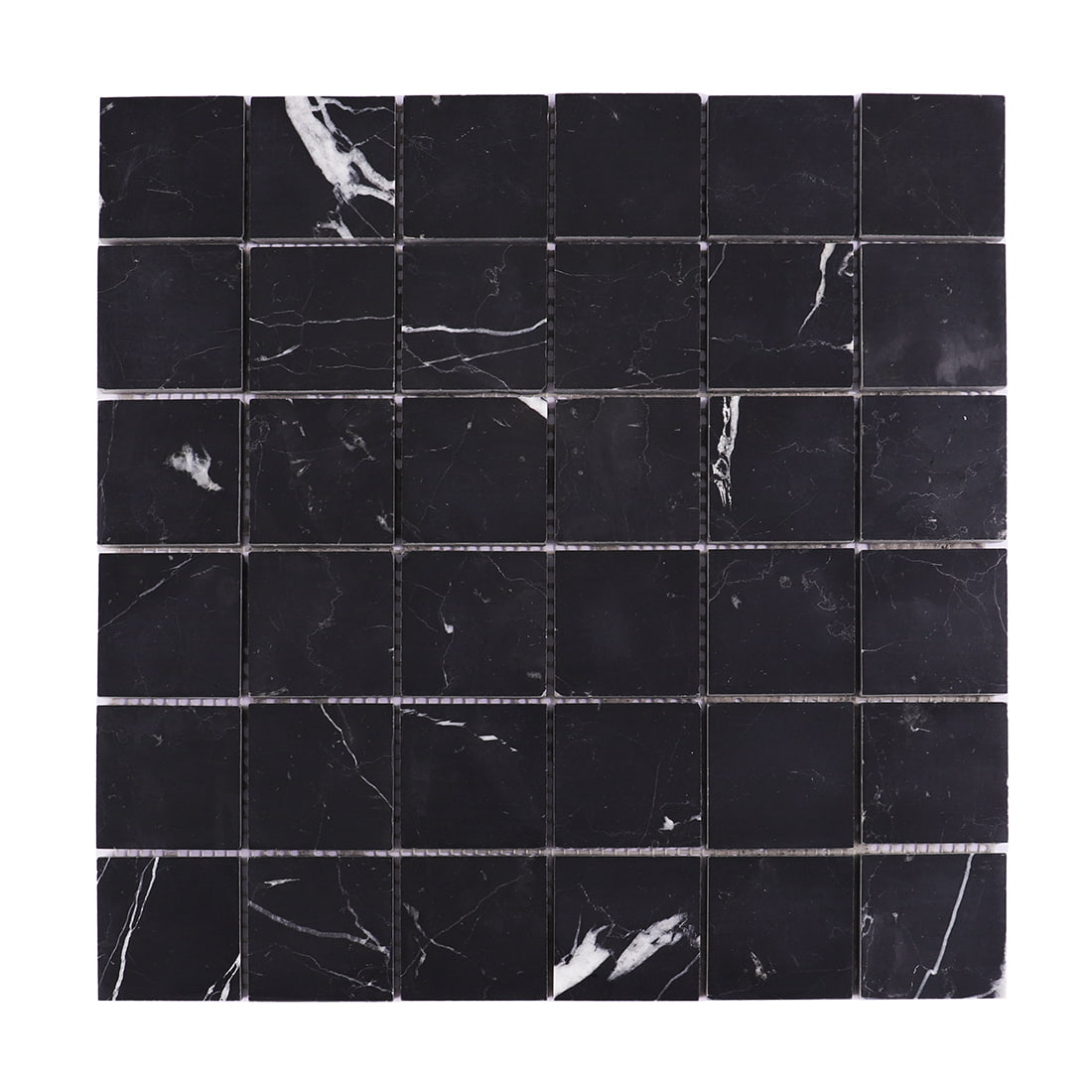Full sheet of black square marble mosaic tile with subtle white natural veining