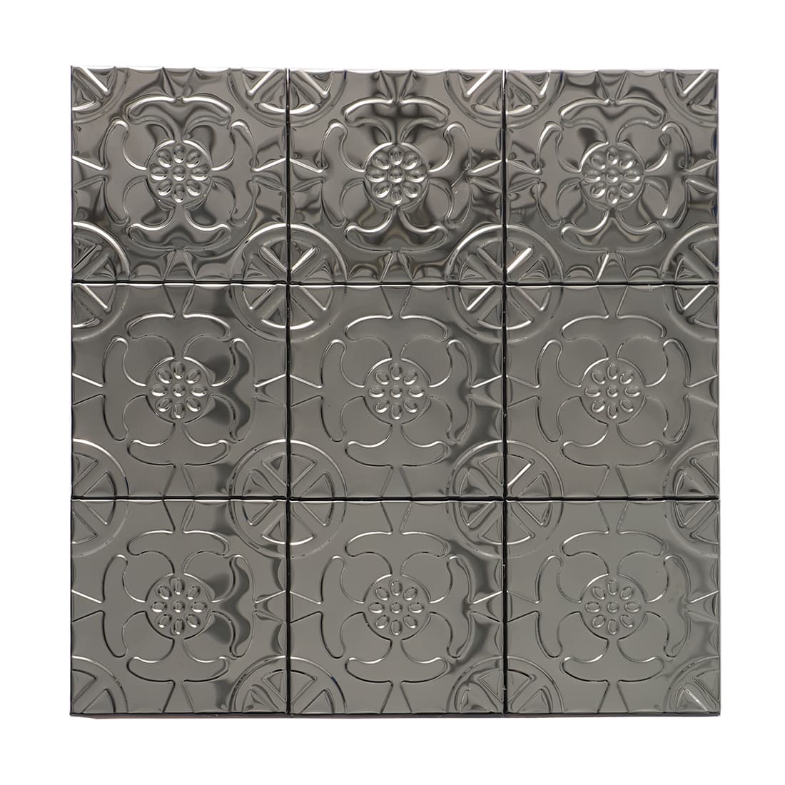 Full sheet of black stainless steel floral embossed square tiles