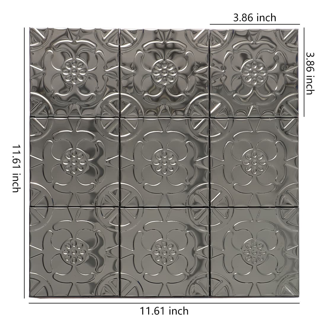Black stainless steel floral embossed square tile sheet with size details