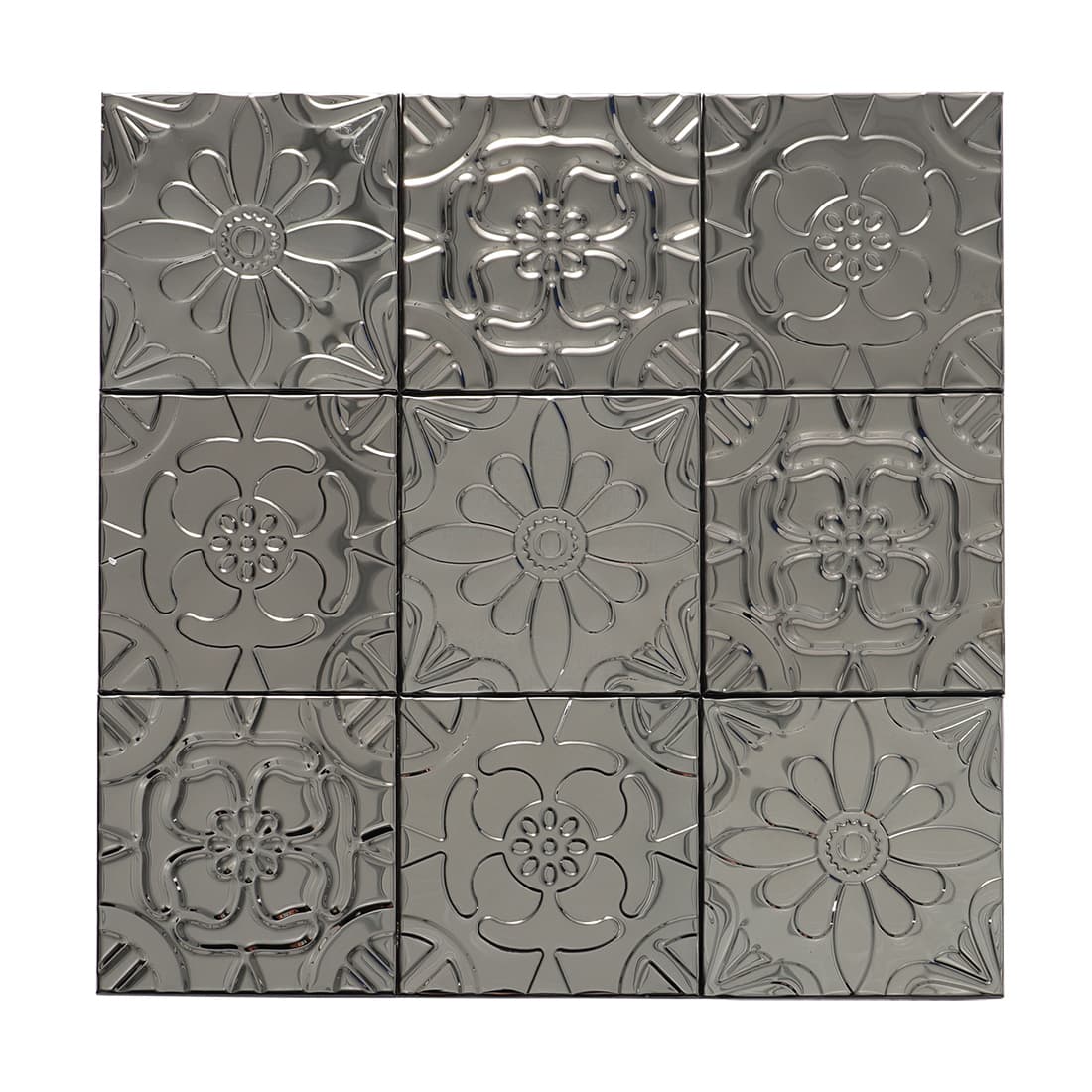 Full sheet of black stainless steel mixed floral embossed mosaic tiles