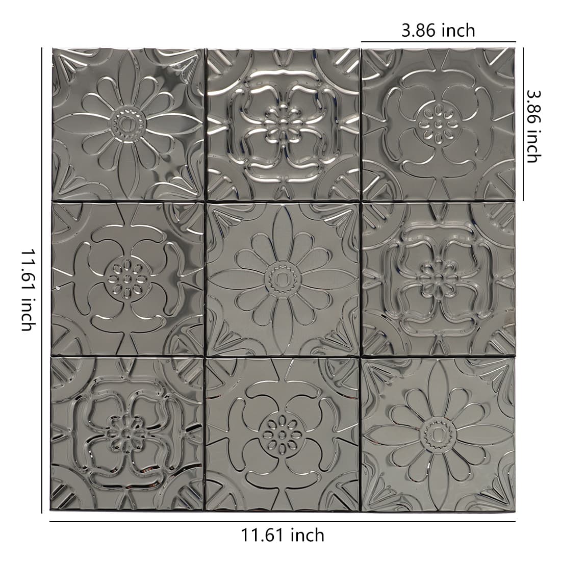 Black stainless steel mixed floral embossed mosaic sheet with size details