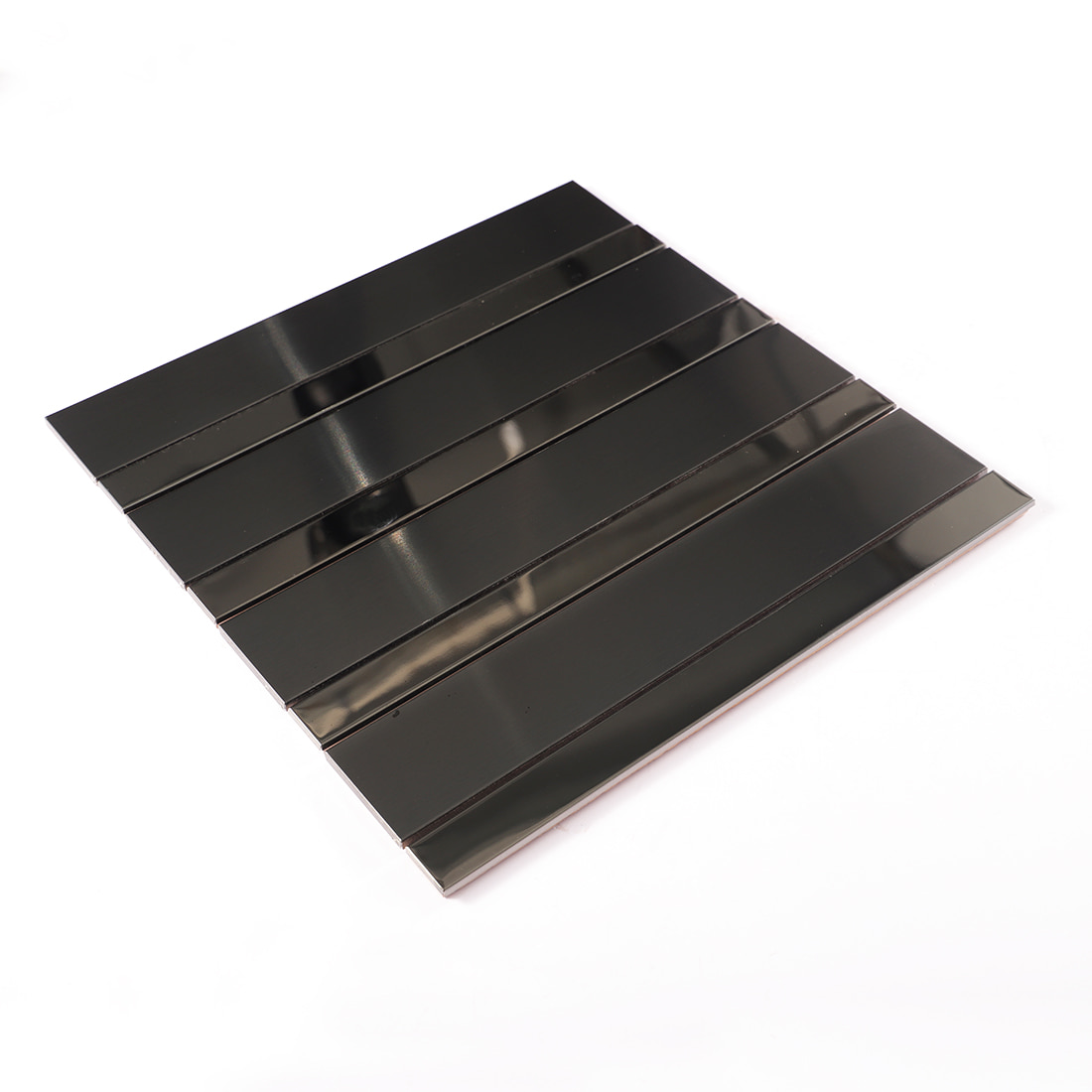 Perspective view of black strip metal mosaic tile sheet