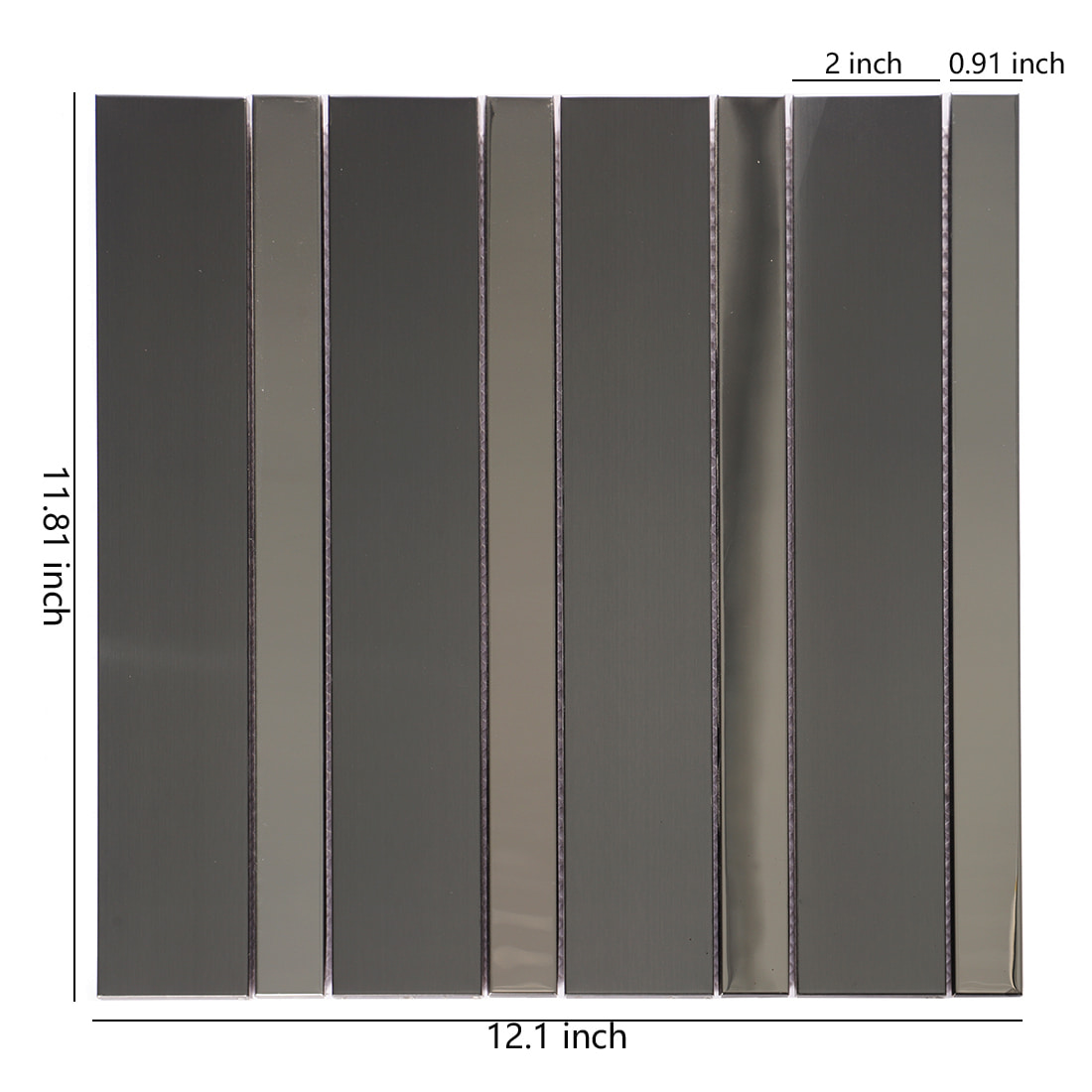 Black strip metal mosaic tile sheet with size details
