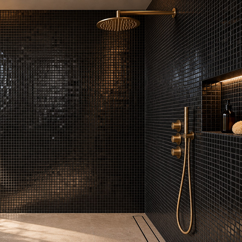 Black tile shower with glossy square mosaics, brass fixtures and an illuminated niche
