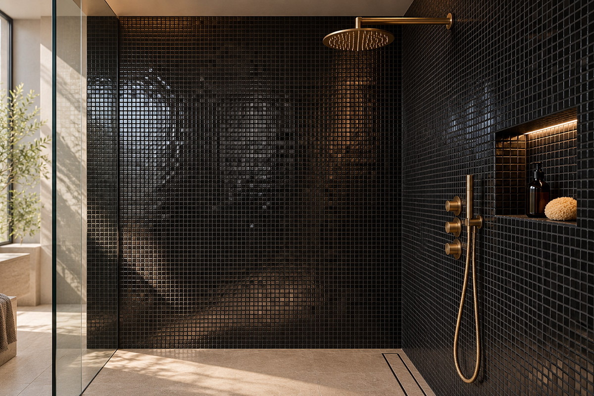 Walk-in black tile shower with mosaic walls, a glass screen and a beige floor