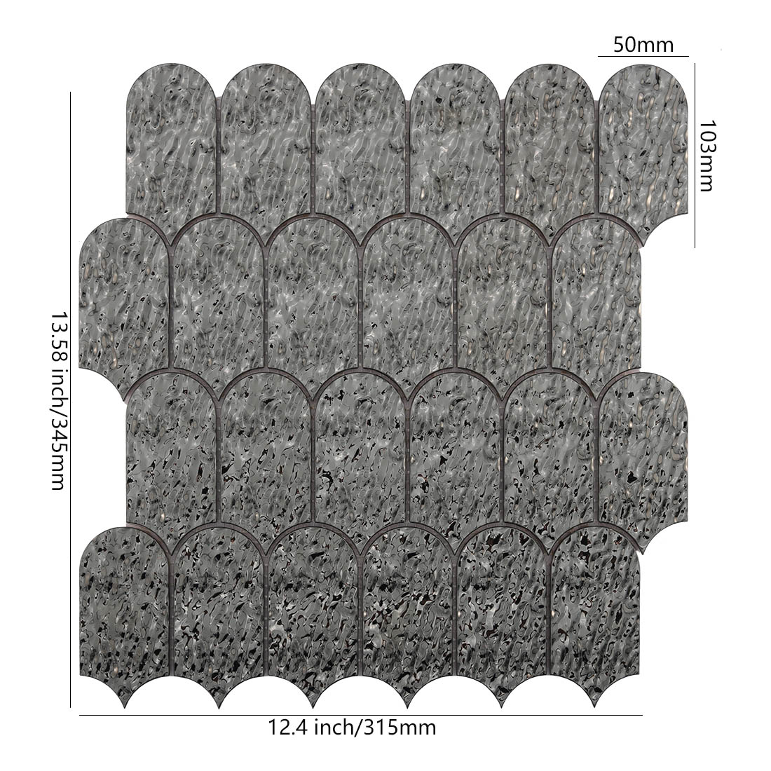 Black water ripple arched scalloped mosaic sheet dimensions