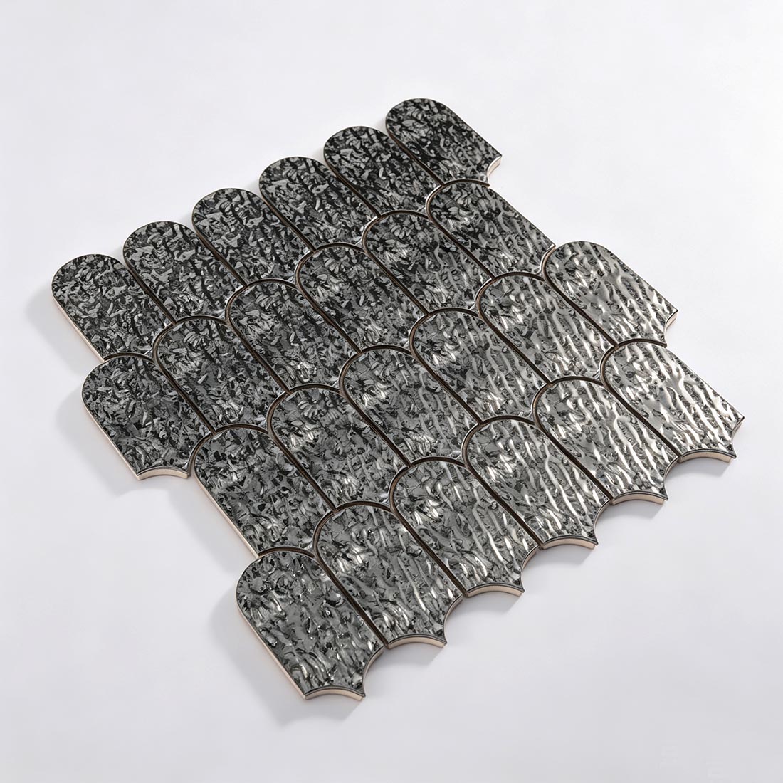 Overall layout of black water ripple fan shaped stainless steel mosaic