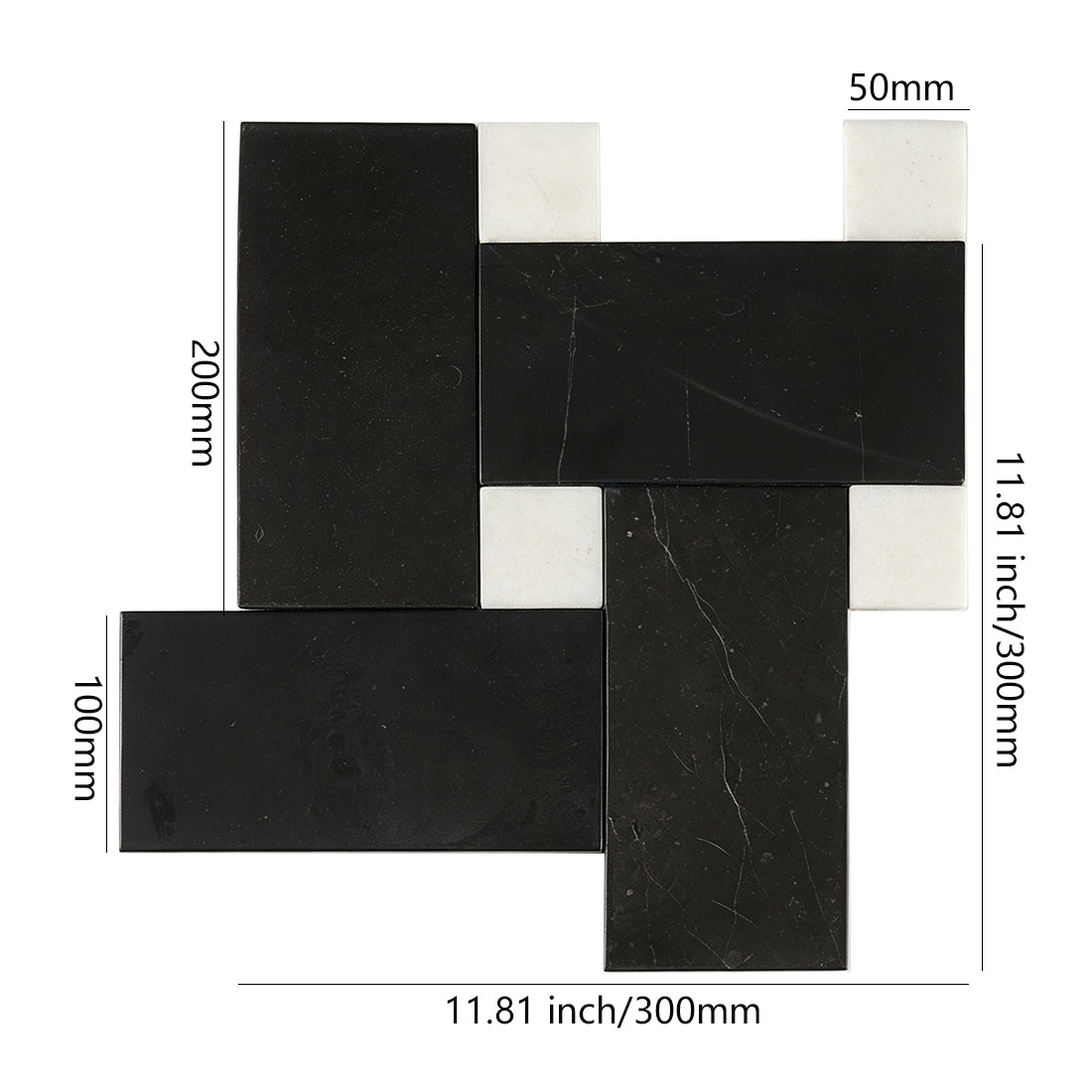 Black and white basketweave marble mosaic tile sheet dimensions 300x300mm