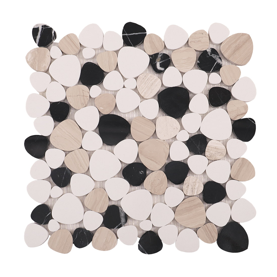 Top view of black white and beige pebble mosaic tile sheet on mesh