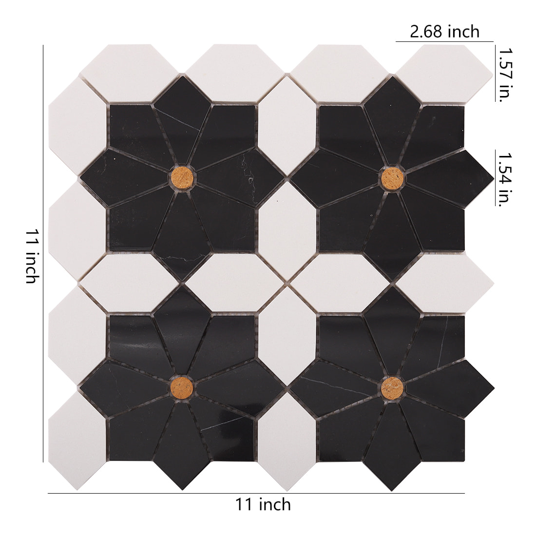 Black and white flower octagon mosaic sheet with 11 inch size and piece dimensions shown