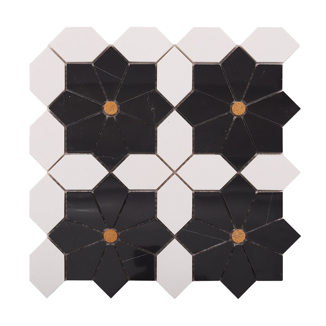 Top view of black and white flower octagon mosaic tile sheet