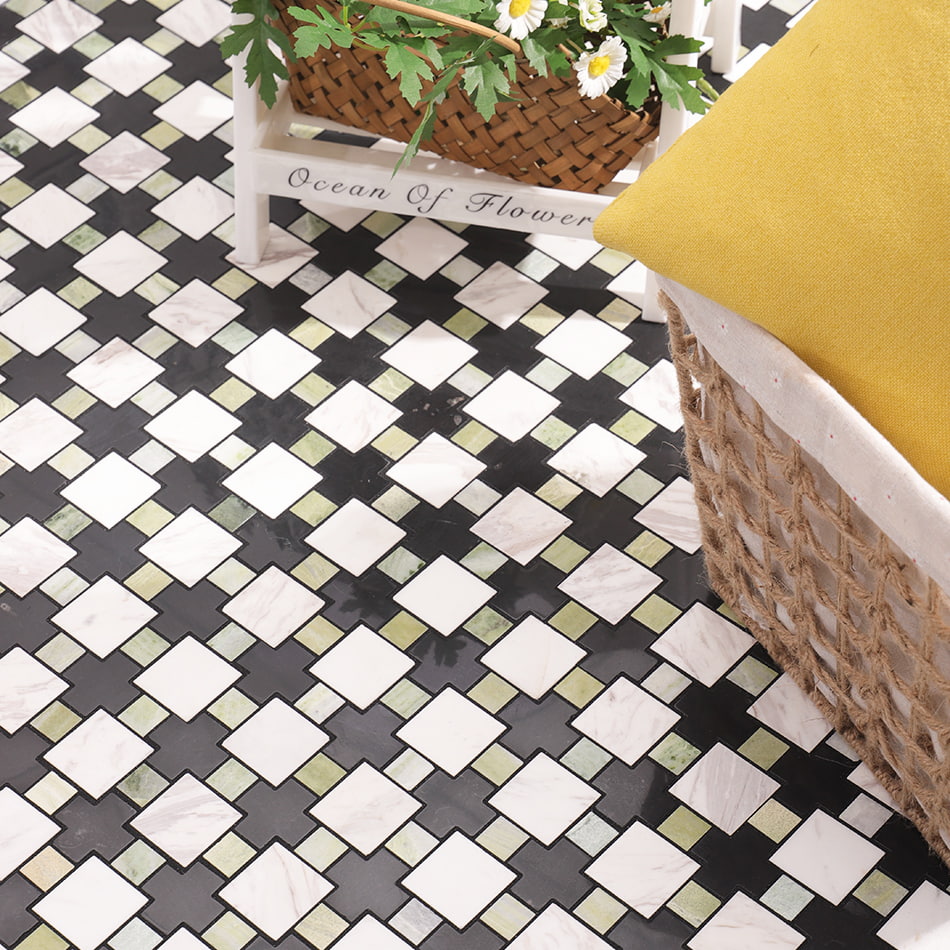 Black white and green marble mosaic tile installed on floor scene