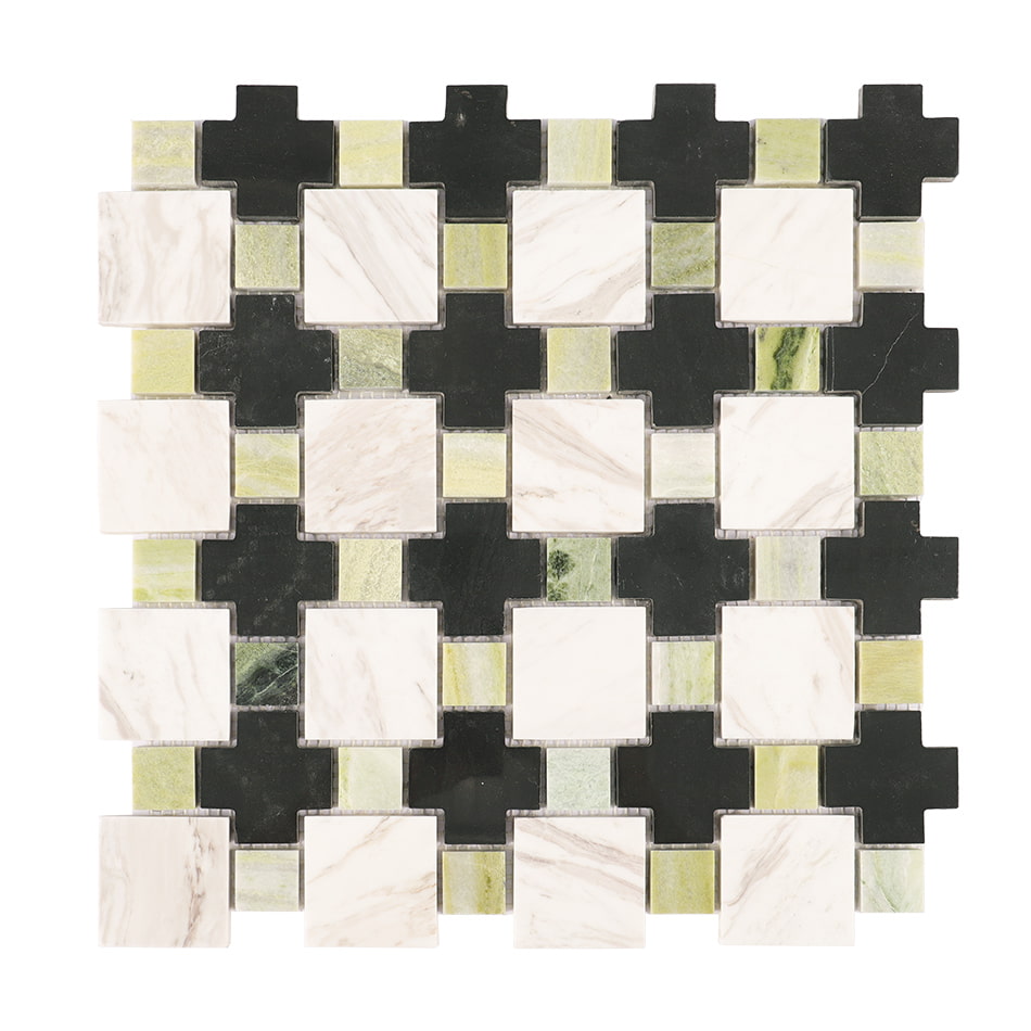 Full sheet of black white and green polished marble mosaic tile