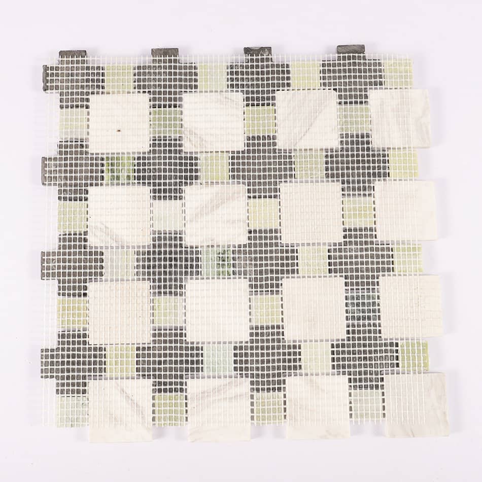 Back view of black white and green marble mosaic tile with mesh backing