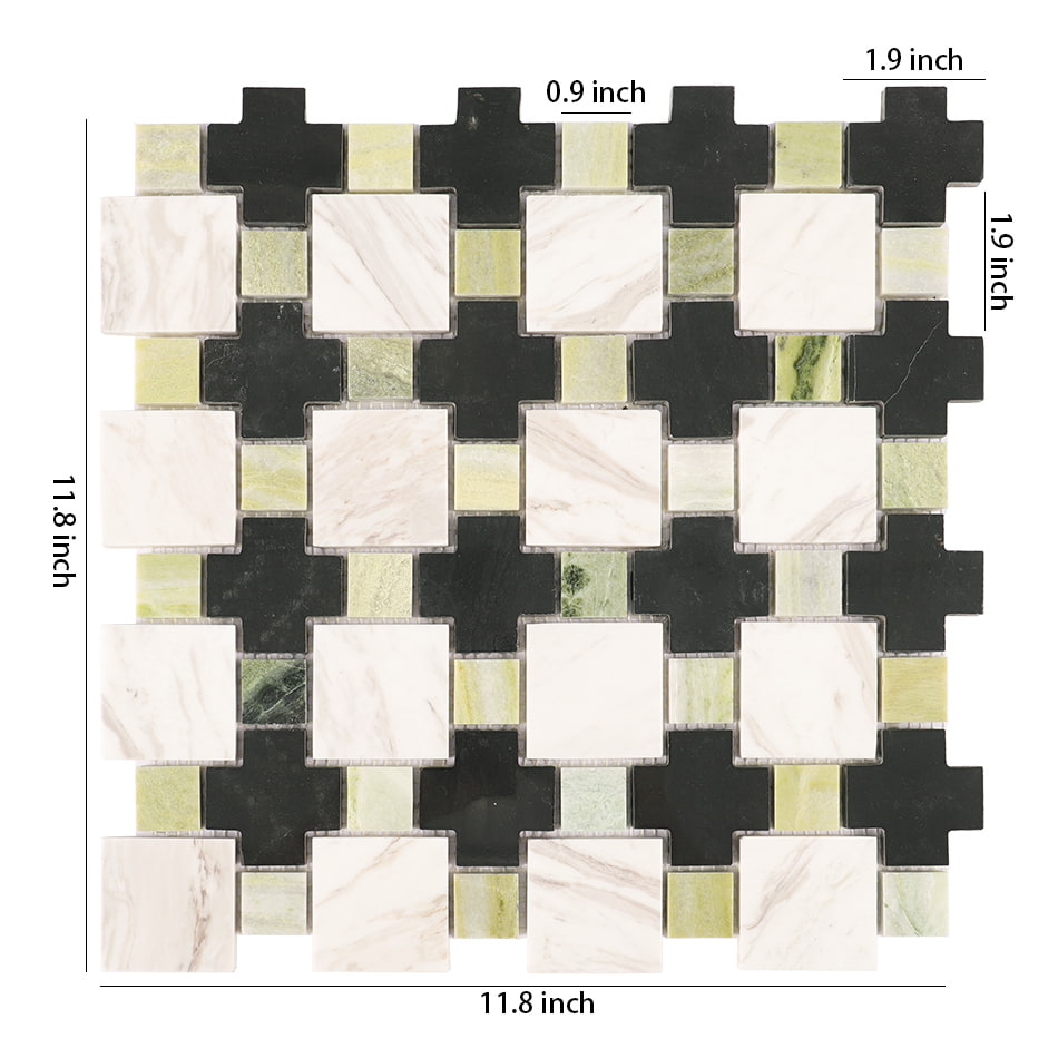 Black white and green marble mosaic tile sheet with size details
