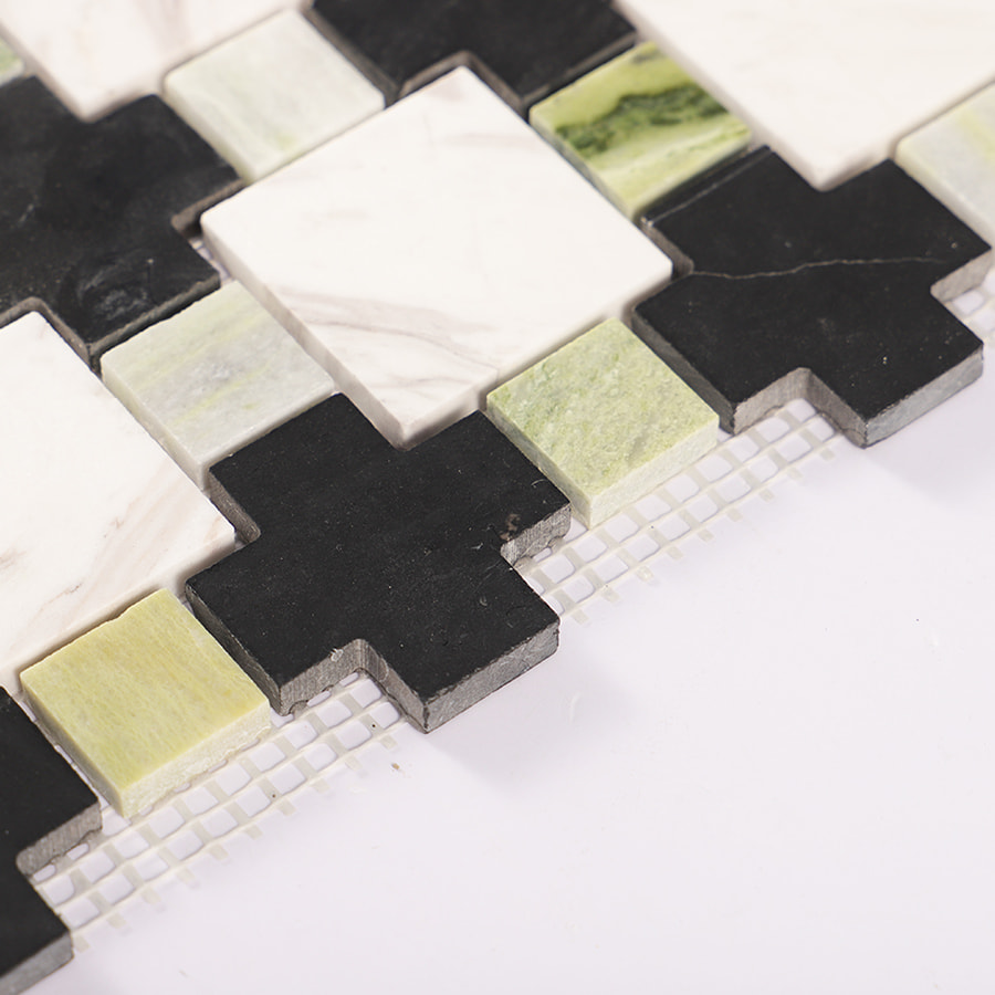Thickness detail of black white and green marble mosaic tile on mesh