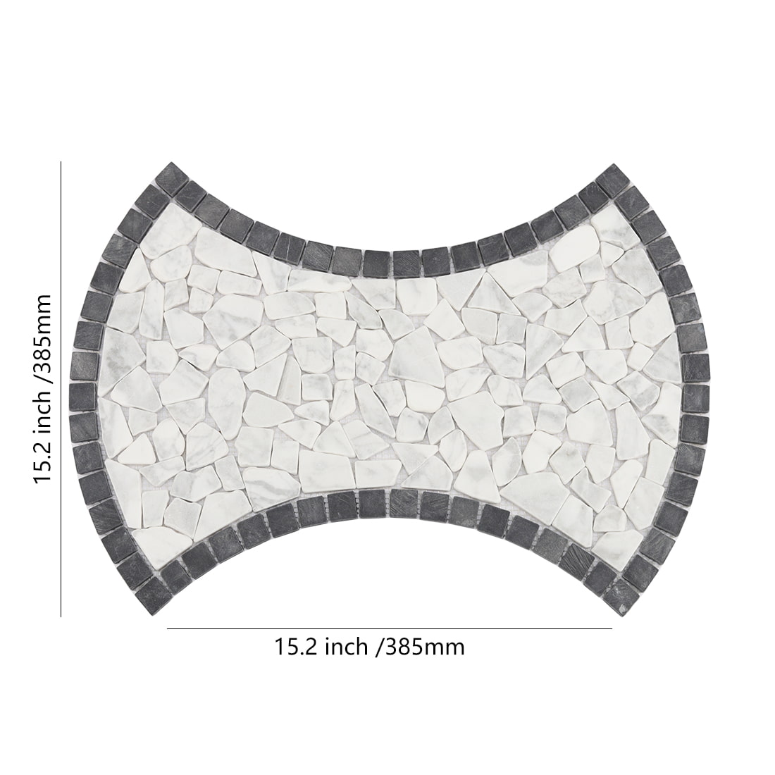 Black and white pebble marble mosaic tile sheet with size markings