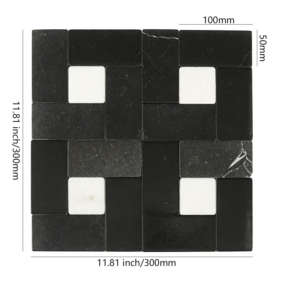 Black and white pinwheel marble mosaic tile sheet dimensions 300x300mm