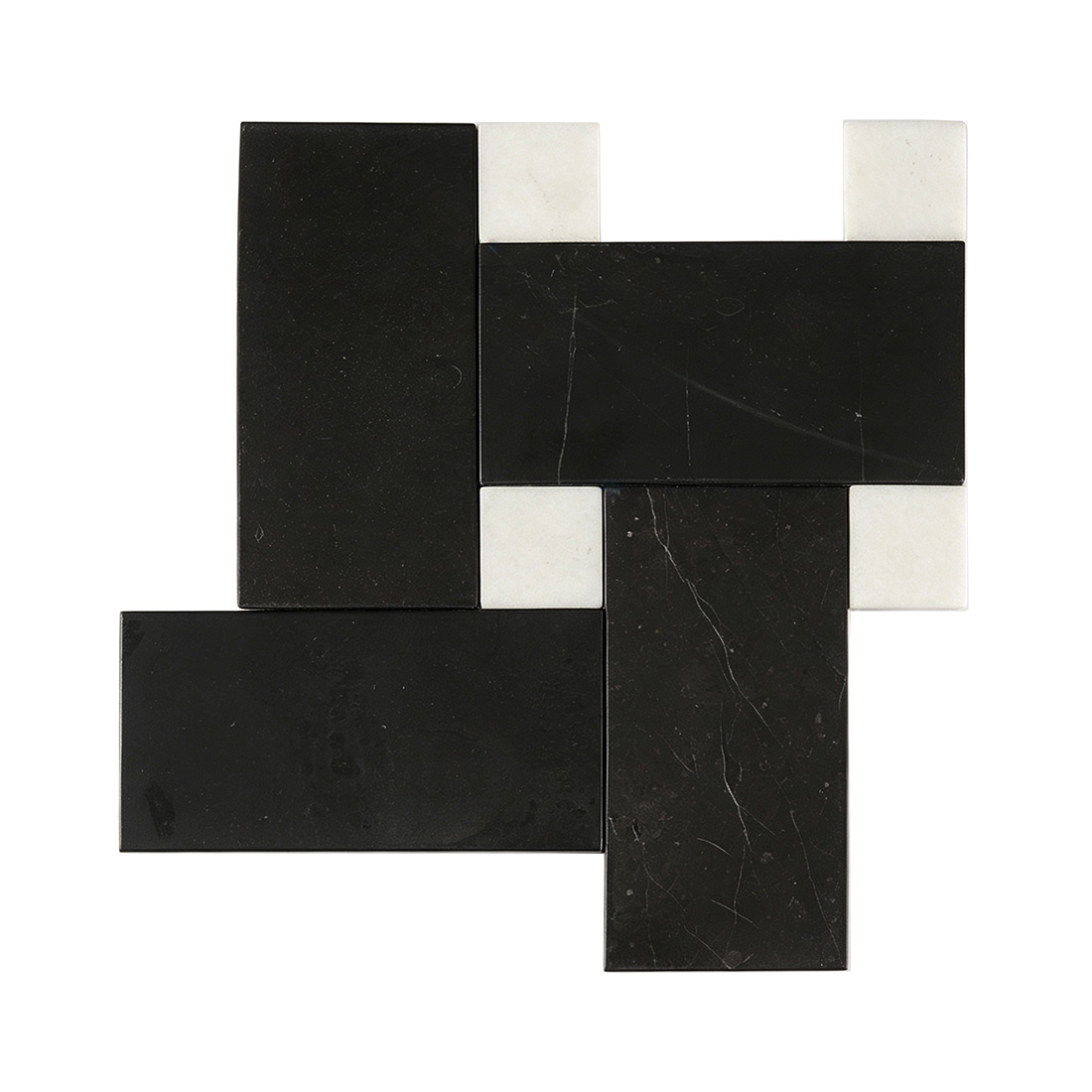 Black and white pinwheel marble mosaic tile sheet front view
