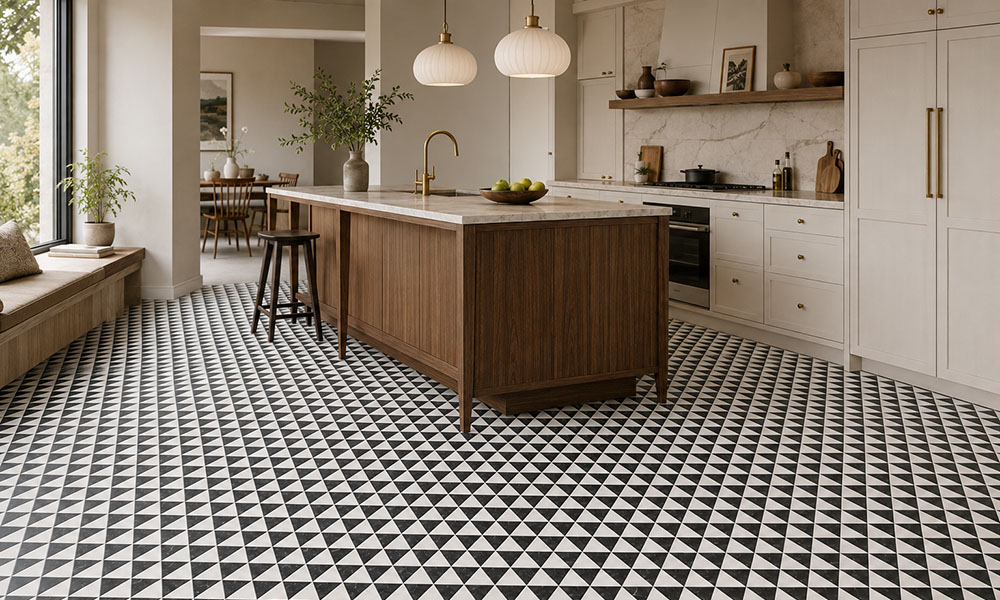 Black and white triangle checkerboard tile kitchen floor with a wood island